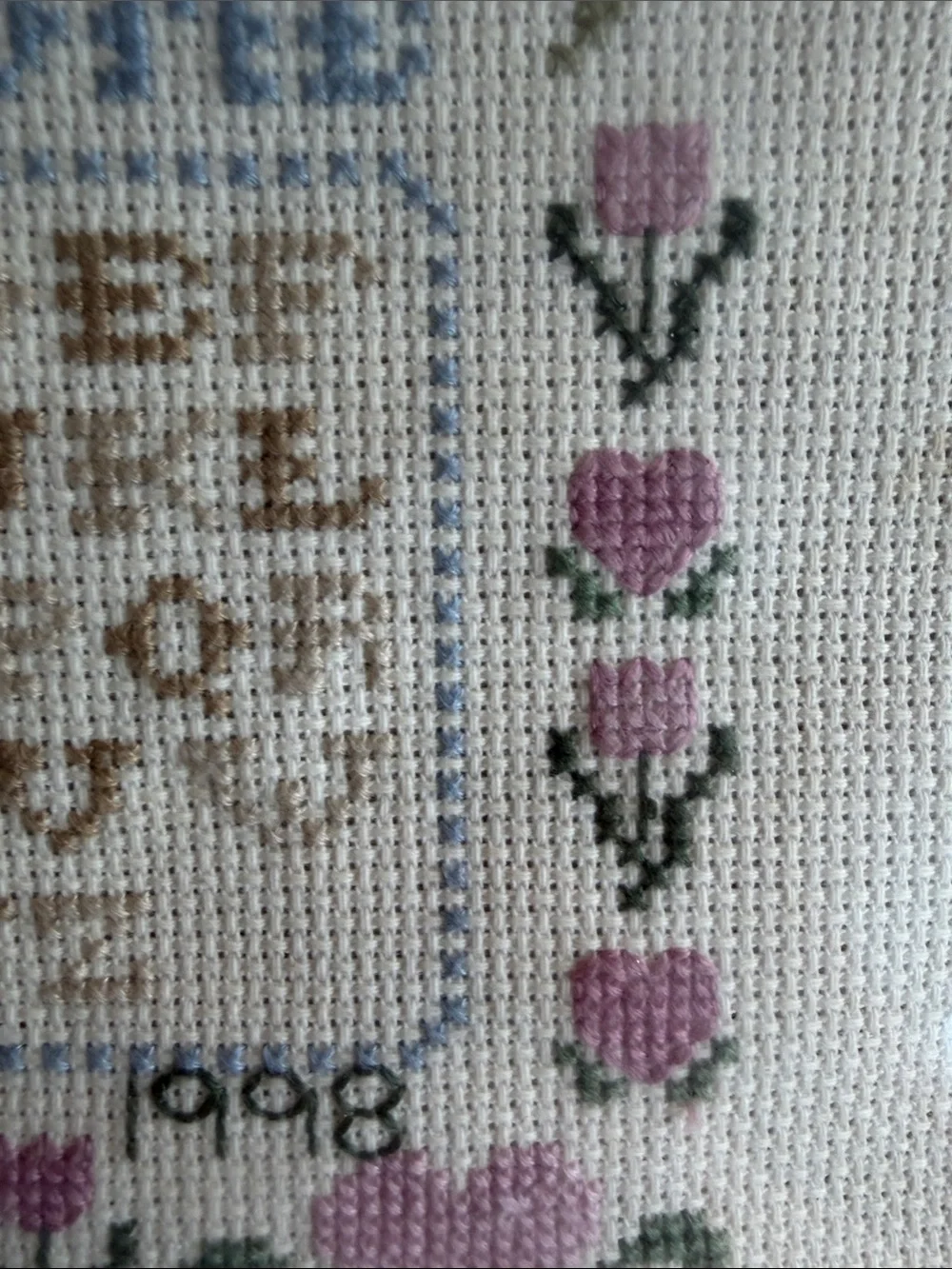 Vintage Framed Pink & Cream Cross-Stitch Welcome